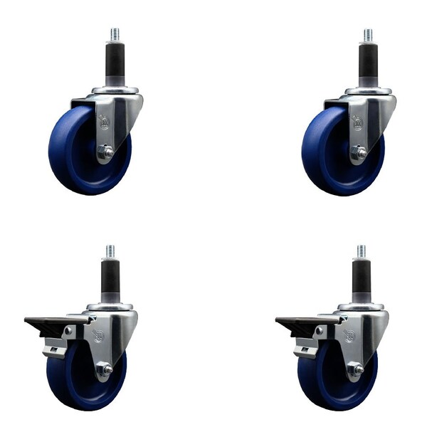 4'' Solid Poly Wheel Swivel 1-1/8'' Expanding Stem Caster Set 2 Brakes, 4PK